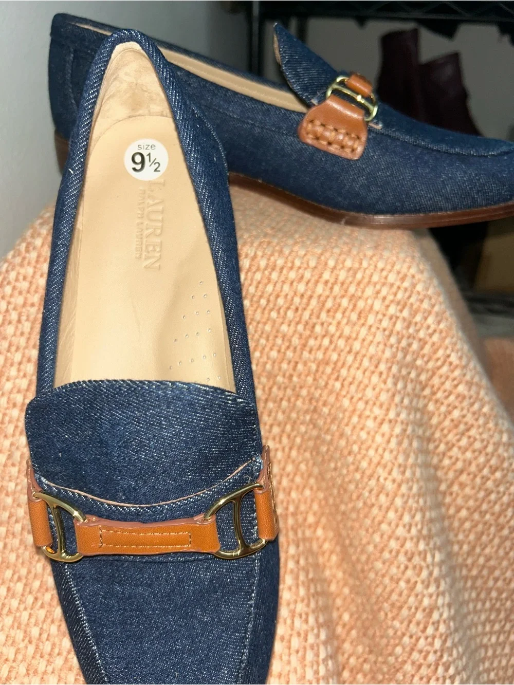 NEW Ralph Lauren Tasha Navy Denim Loafer with Brown Leather Bit Sz 9.5B